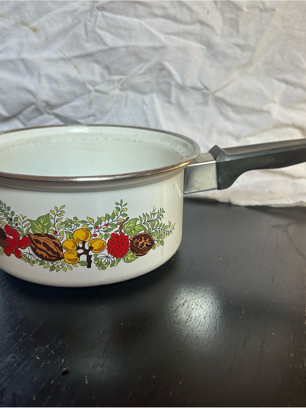 White Enamel Saucepan with Fruit Pattern - Classic Kitchen Pot